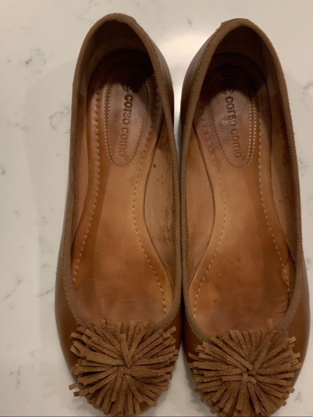 Corso Como Tan Suede Pom-Pom Ballet Flats